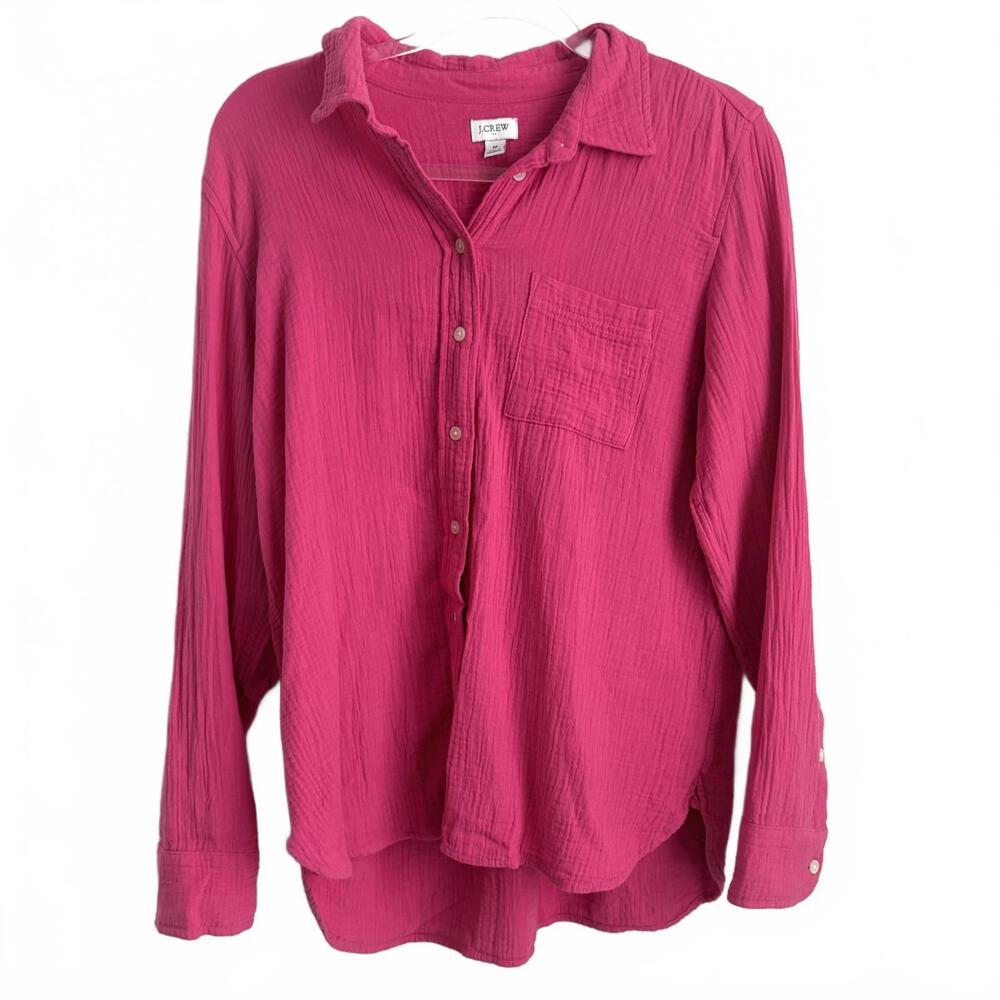 J.Crew | Women’s Bright Pink Waffle Long Sleeve Button Up Oversized Shirt Size M